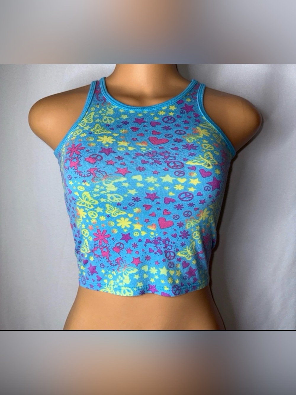 Blue Neon Peace Sign & Heart Crop Tank Top
